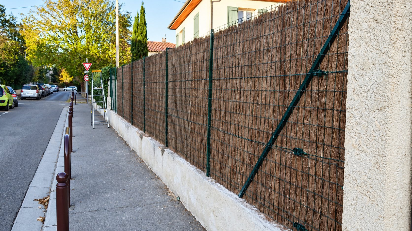 Clôture grillagée avec brande brune installée sur un muret en bord de rue