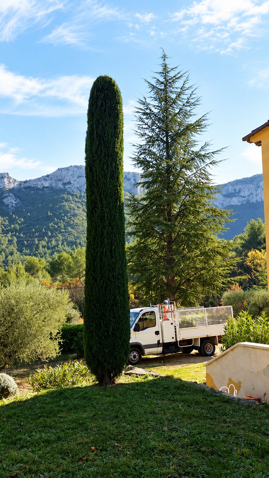 Cyprès taillé et camion benne dans un jardin provençal