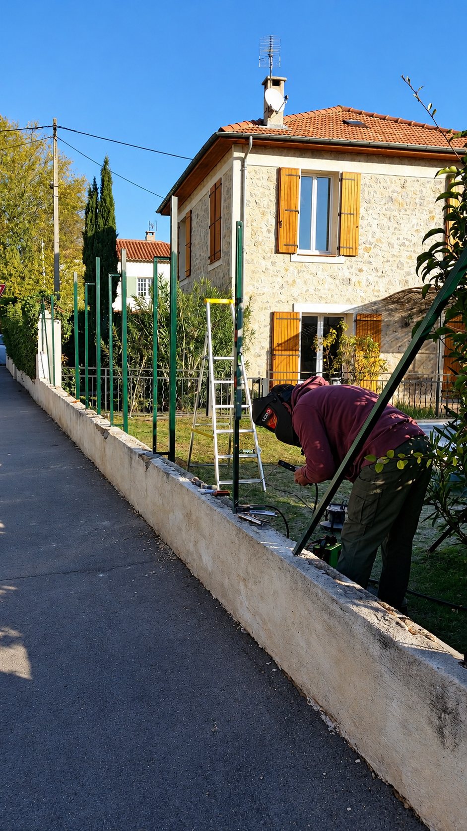 Ouvrier installant une clôture métallique verte devant une maison en pierre