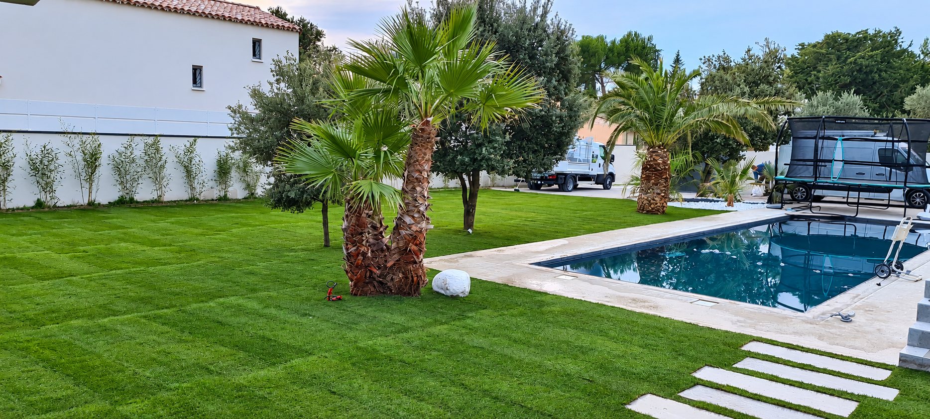 Jardin fraîchement engazonné avec palmiers et piscine au bord de la maison