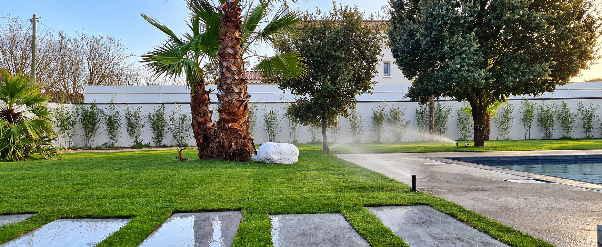 Jardin paysager avec pelouse, palmiers et arrosage automatique près d'une piscine