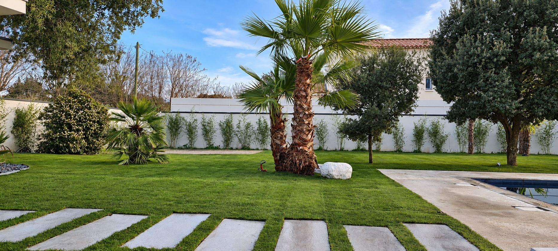 Jardin paysager avec pelouse, palmiers, dalles et piscine en fin de journée