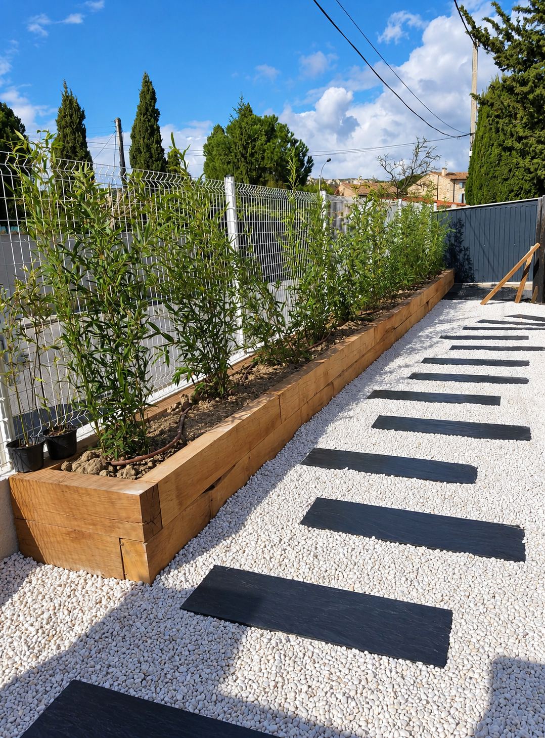 Jardinière en traverses de bois et allée de galets blancs