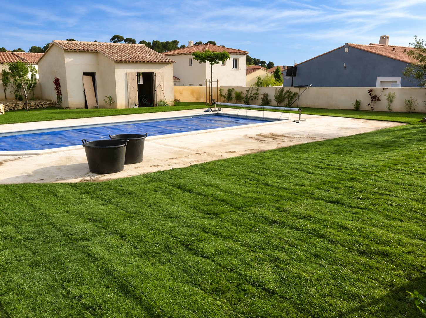 Piscine avec bâche bleue entourée d'une pelouse fraîchement posée