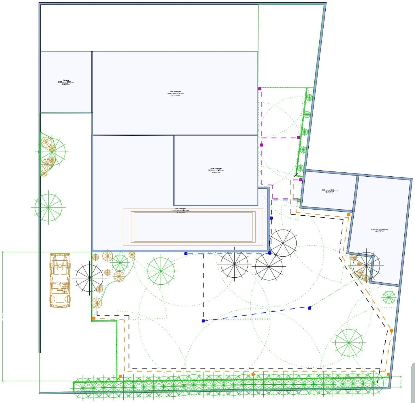Plan de jardin avec maison, piscine, arbres et réseau d'arrosage