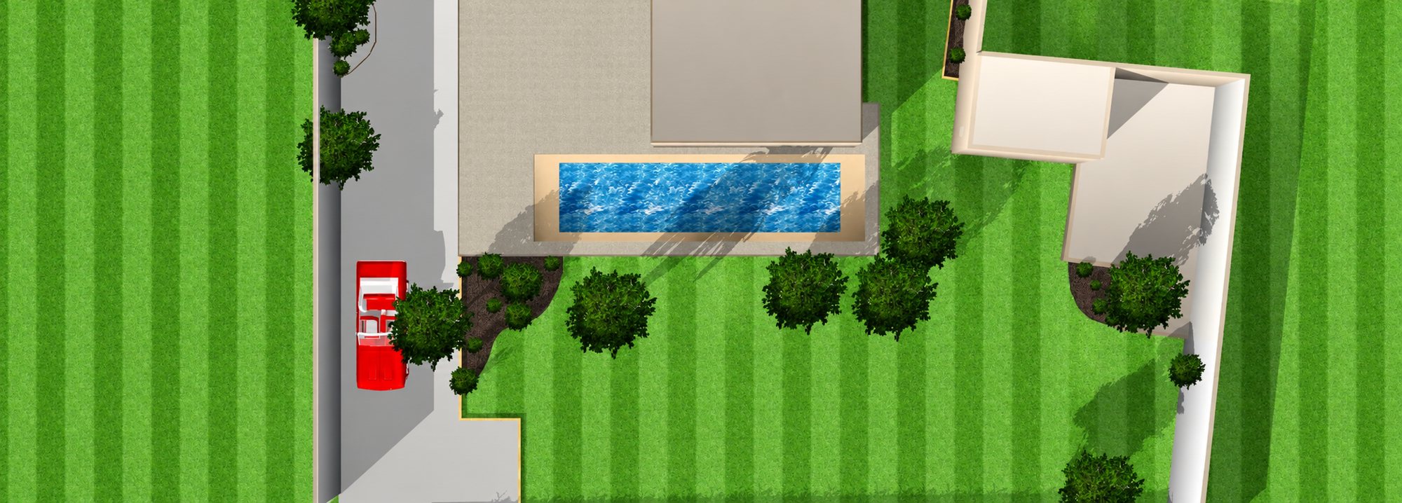 Plan en vue aérienne d'un jardin avec piscine rectangulaire et pelouse