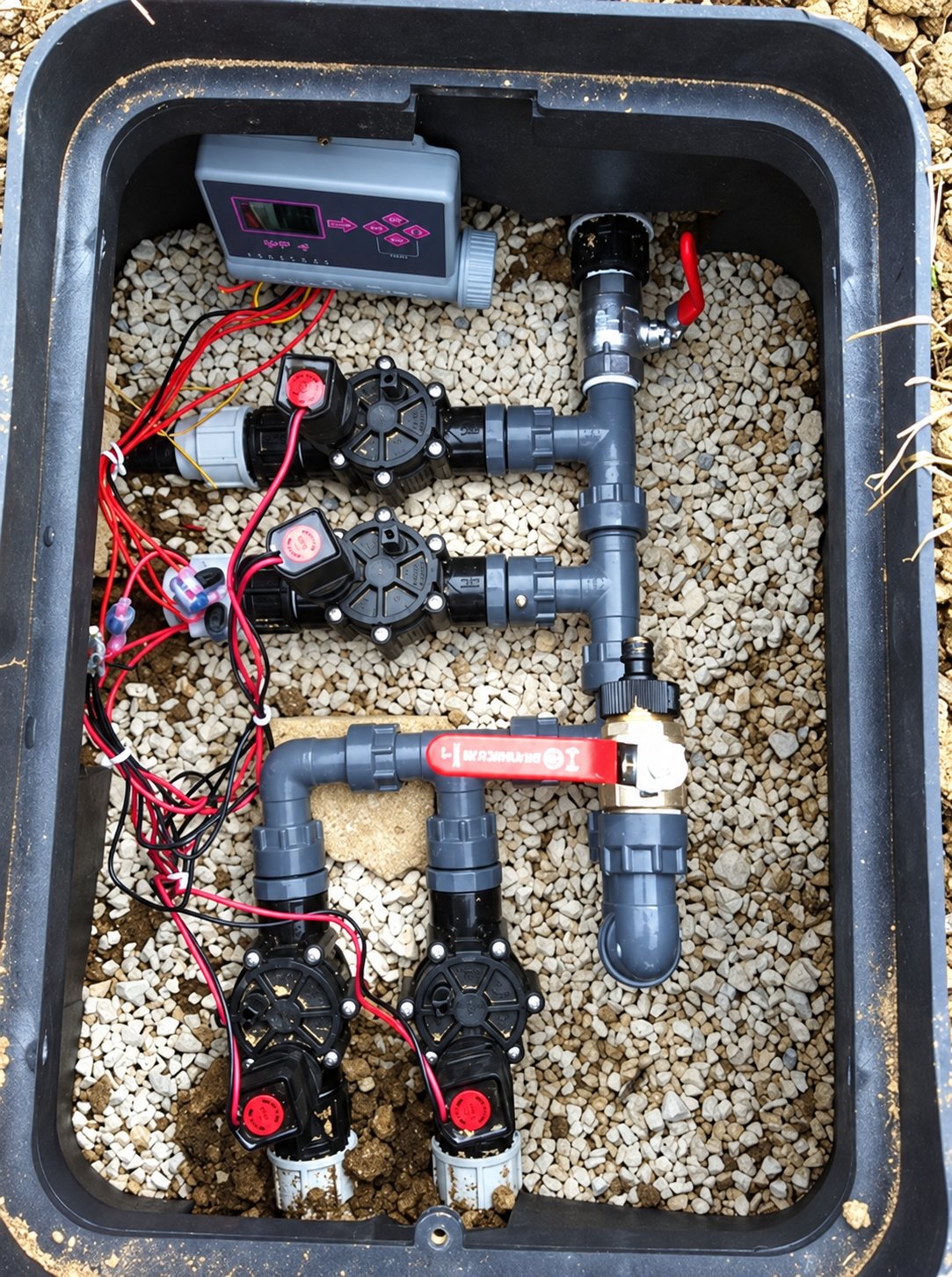 Regard d'arrosage ouvert avec électrovannes, programmateur et tuyauterie PVC sur gravier