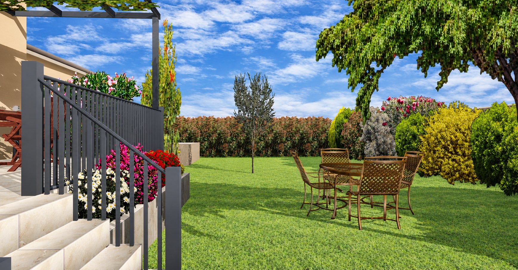Rendu 3D d'un jardin avec escalier, rambarde et salon d'extérieur