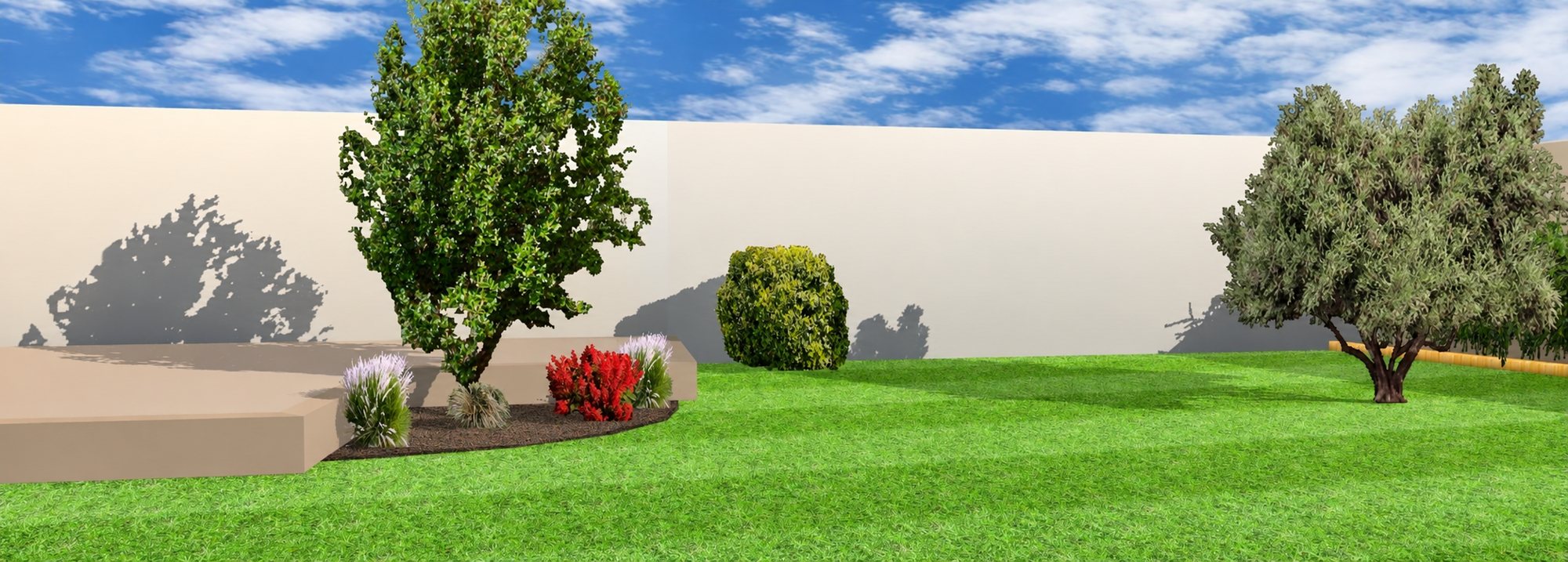 Rendu 3D d'un jardin avec pelouse, arbres et massif fleuri