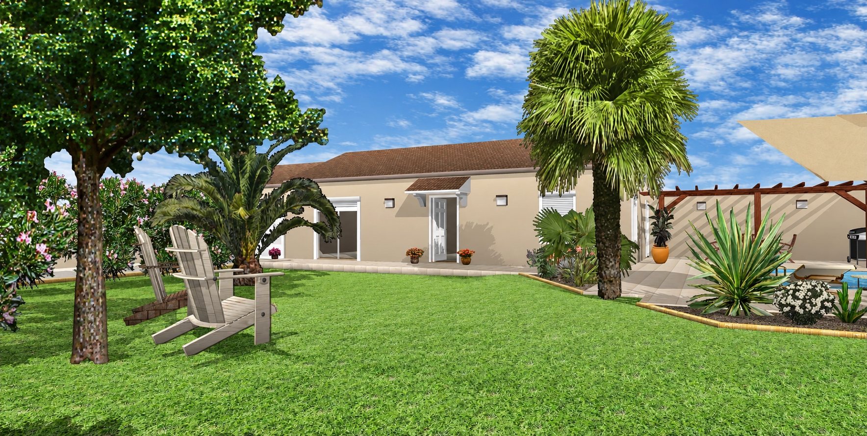 Rendu 3D d'un jardin avec pelouse, palmiers et maison beige