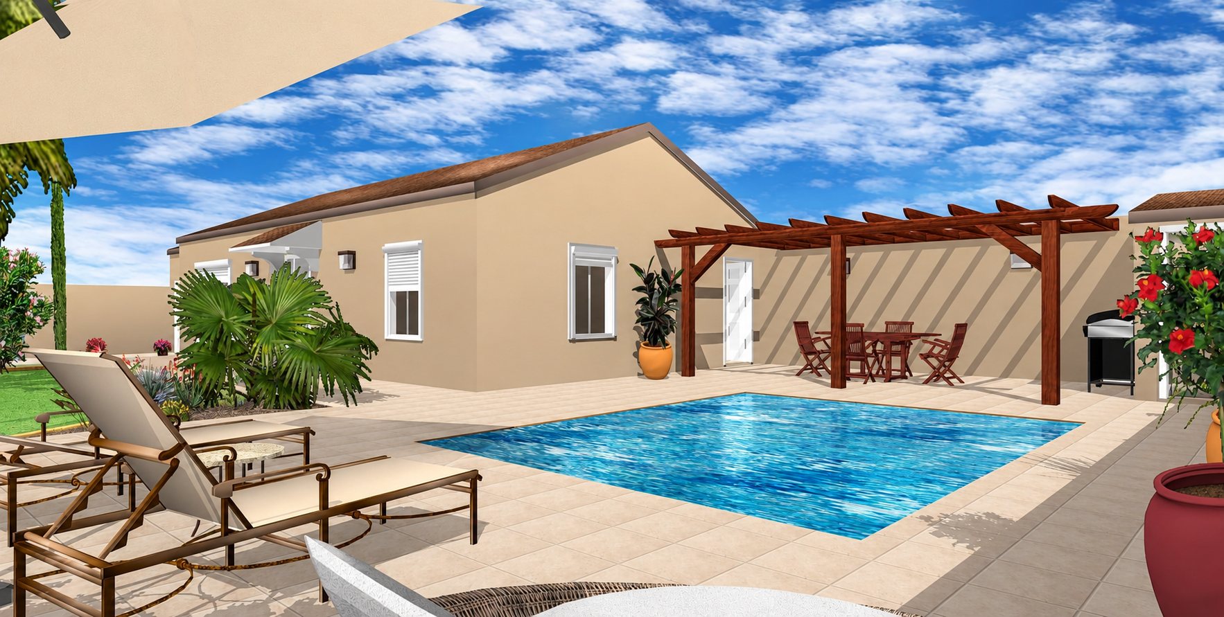 Rendu 3D d'une maison avec piscine, pergola et terrasse