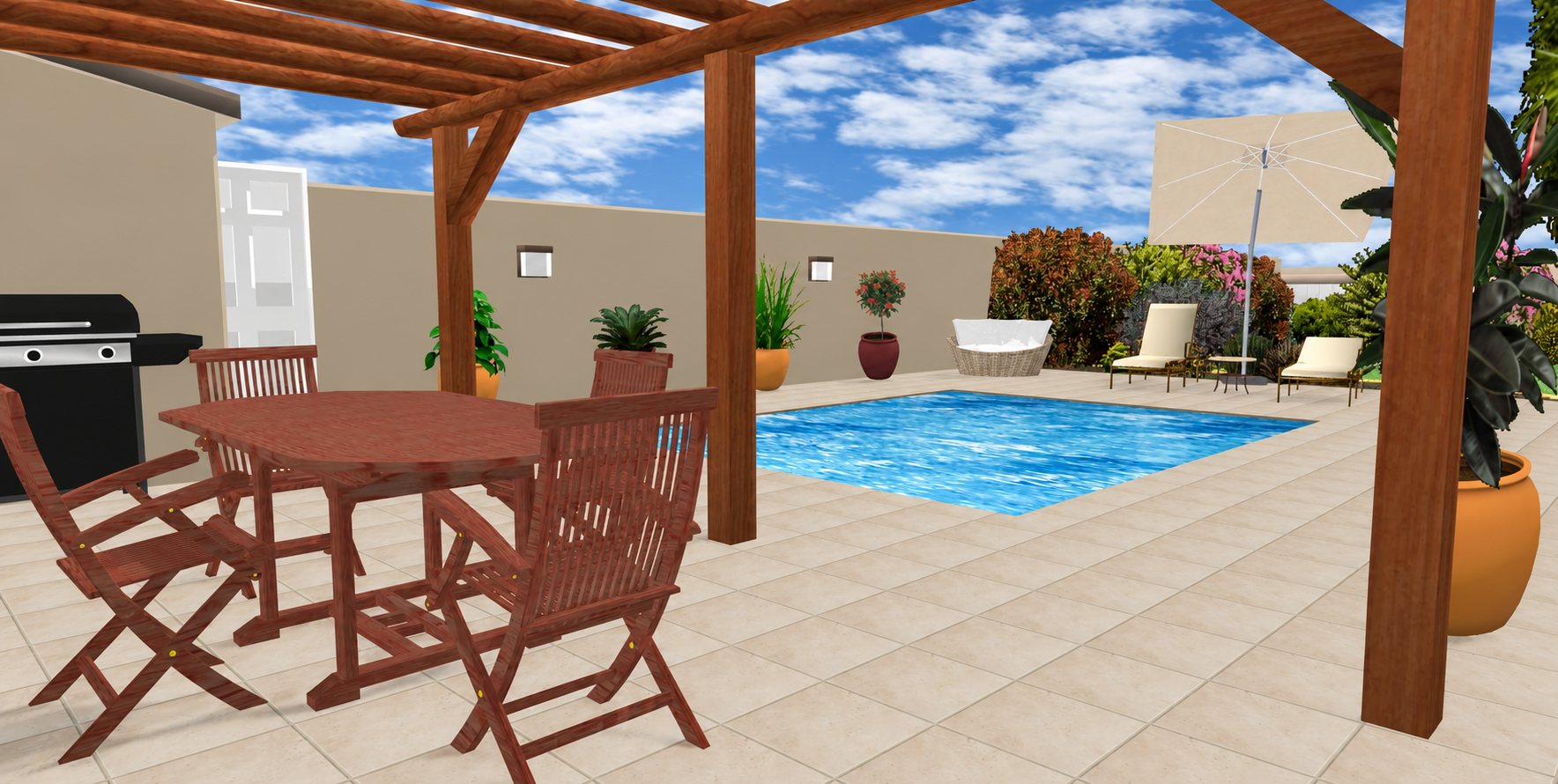 Rendu 3D d'une terrasse avec pergola, piscine et salon de jardin