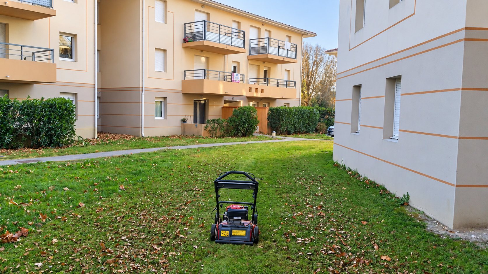Tondeuse à gazon sur une pelouse entre des immeubles résidentiels