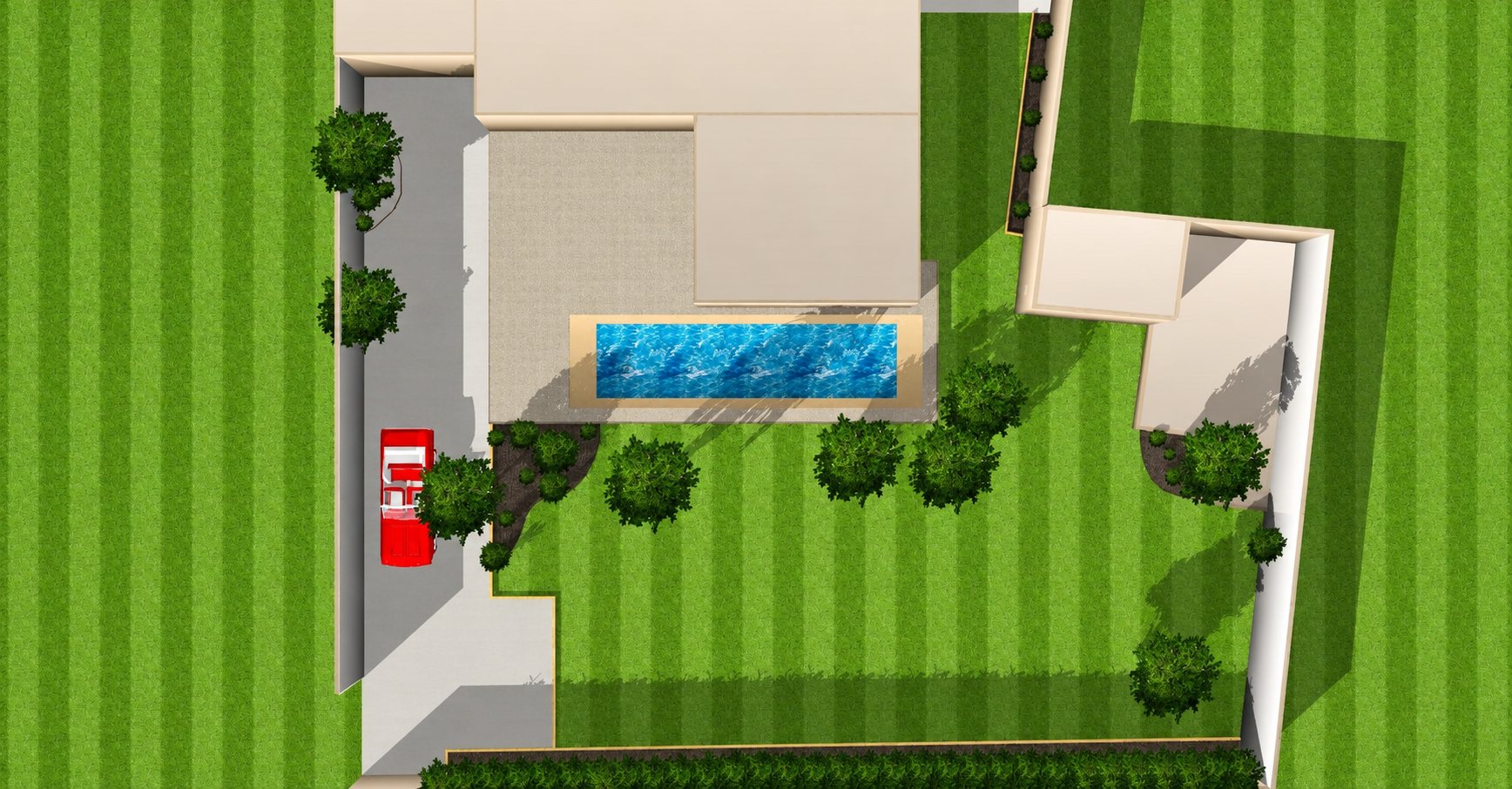 Vue aérienne en plan d'une maison avec piscine rectangulaire et jardin